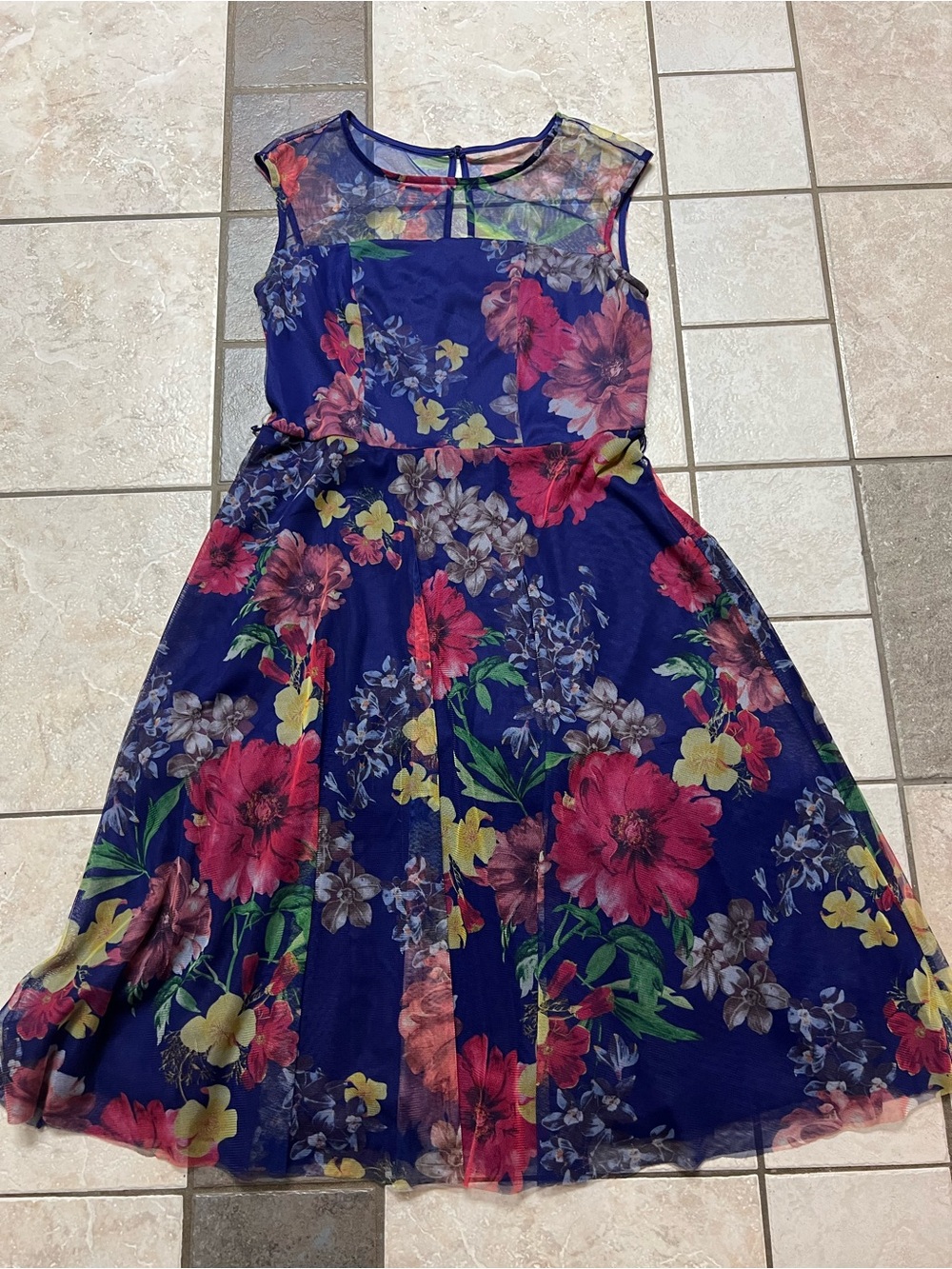 Floral Navy Maxi Dress with Sheer Yoke
